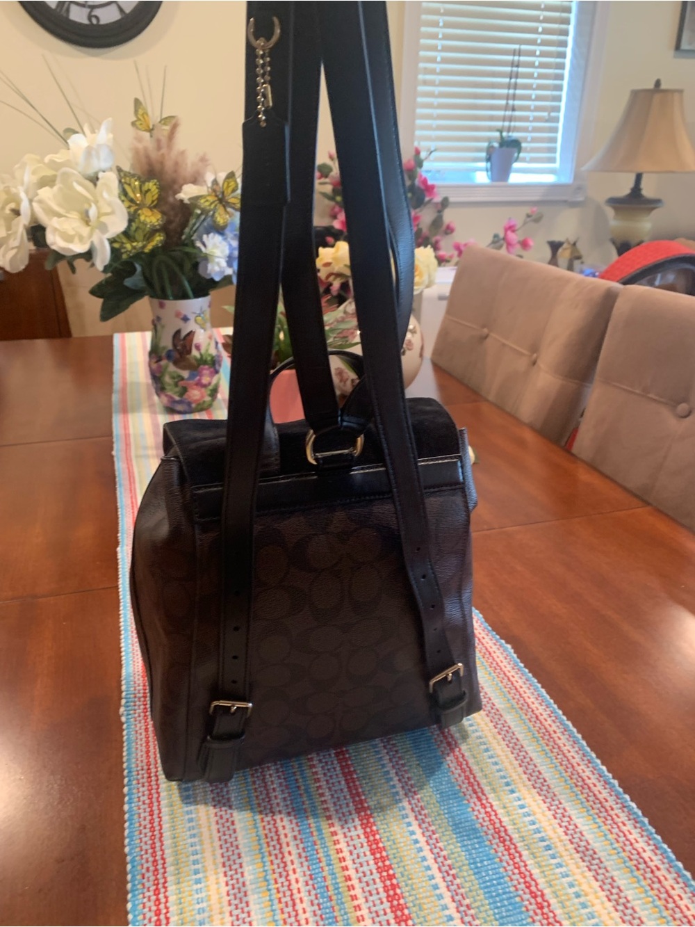 Coach Brown Signature Canvas and Black Leather Backpack with Gold Hardware - Picture 7 of 13